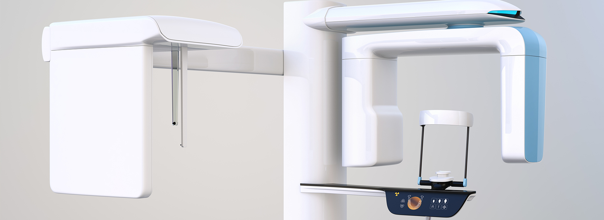 The image shows a modern medical dental equipment setup, featuring a digital panoramic x-ray machine and a patient chair with an overhead arm for positioning.